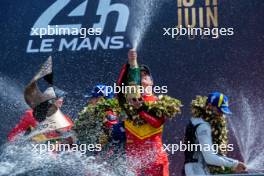 Race winner James Calado (GBR) #51 AF Corse Ferrari celebrates on the podium. 11.06.2023. FIA World Endurance Championship, Le Mans 24 Hours Race, Le Mans, France, Sunday.