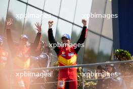 Race winner Alessandro Pier Guidi (ITA) #51 AF Corse Ferrari celebrates on the podium with James Calado (GBR) (Left). 11.06.2023. FIA World Endurance Championship, Le Mans 24 Hours Race, Le Mans, France, Sunday.