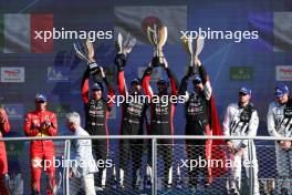 Race winners Kamui Kobayashi (JPN), Mike Conway (GBR),  Jose Maria Lopez (ARG) #07 Toyota Gazoo Racing, celebrate on the podium. 09.07.2023. FIA World Endurance Championship, Rd 5, Six Hours Of Monza, Monza, Italy.