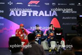 (L to R): Carlos Sainz Jr (ESP) Ferrari; Max Verstappen (NLD) Red Bull Racing; and Sergio Perez (MEX) Red Bull Racing, in the post qualifying FIA Press Conference. 23.03.2024. Formula 1 World Championship, Rd 3, Australian Grand Prix, Albert Park, Melbourne, Australia, Qualifying Day.