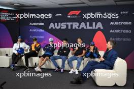 (L to R): Daniel Ricciardo (AUS) RB; Oscar Piastri (AUS) McLaren; Logan Sargeant (USA) Williams Racing; Esteban Ocon (FRA) Alpine F1 Team; Kevin Magnussen (DEN) Haas F1 Team; Sergio Perez (MEX) Red Bull Racing; and Tom Clarkson (GBR) Journalist, in the FIA Press Conference. 21.03.2024. Formula 1 World Championship, Rd 3, Australian Grand Prix, Albert Park, Melbourne, Australia, Preparation Day.