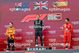 The podium (L to R): Oscar Piastri (AUS) McLaren, second; George Russell (GBR) Mercedes AMG F1, race winner; Carlos Sainz Jr (ESP) Ferrari, third. 30.06.2024. Formula 1 World Championship, Rd 11, Austrian Grand Prix, Spielberg, Austria, Race Day.