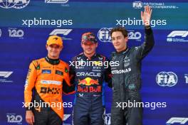Qualifying top three in parc ferme (L to R): Lando Norris (GBR) McLaren, second; Max Verstappen (NLD) Red Bull Racing, pole position; George Russell (GBR) Mercedes AMG F1, third. 29.06.2024. Formula 1 World Championship, Rd 11, Austrian Grand Prix, Spielberg, Austria, Sprint and Qualifying Day.