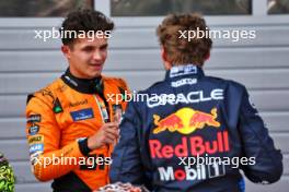 (L to R): Second placed Lando Norris (GBR) McLaren in qualifying parc ferme with pole sitter Max Verstappen (NLD) Red Bull Racing. 29.06.2024. Formula 1 World Championship, Rd 11, Austrian Grand Prix, Spielberg, Austria, Sprint and Qualifying Day.
