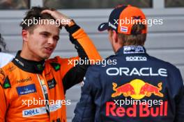(L to R): Second placed Lando Norris (GBR) McLaren with pole sitter Max Verstappen (NLD) Red Bull Racing in qualifying parc ferme. 29.06.2024. Formula 1 World Championship, Rd 11, Austrian Grand Prix, Spielberg, Austria, Sprint and Qualifying Day.