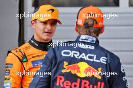 (L to R): Second placed Lando Norris (GBR) McLaren with pole sitter Max Verstappen (NLD) Red Bull Racing in qualifying parc ferme. 29.06.2024. Formula 1 World Championship, Rd 11, Austrian Grand Prix, Spielberg, Austria, Sprint and Qualifying Day.