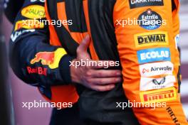 (L to R): Pole sitter Max Verstappen (NLD) Red Bull Racing with his arm around second placed Lando Norris (GBR) McLaren in qualifying parc ferme.  29.06.2024. Formula 1 World Championship, Rd 11, Austrian Grand Prix, Spielberg, Austria, Sprint and Qualifying Day.