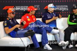 (L to R): Max Verstappen (NLD) Red Bull Racing; Charles Leclerc (MON) Ferrari; Logan Sargeant (USA) Williams Racing; and Zhou Guanyu (CHN) Sauber, in the FIA Press Conference. 27.06.2024. Formula 1 World Championship, Rd 11, Austrian Grand Prix, Spielberg, Austria, Preparation Day.