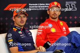 (L to R): Max Verstappen (NLD) Red Bull Racing and Charles Leclerc (MON) Ferrari in the FIA Press Conference. 27.06.2024. Formula 1 World Championship, Rd 11, Austrian Grand Prix, Spielberg, Austria, Preparation Day.