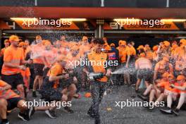 Lando Norris (GBR) McLaren celebrates with the team. 15.09.2024. Formula 1 World Championship, Rd 17, Azerbaijan Grand Prix, Baku Street Circuit, Azerbaijan, Race Day.