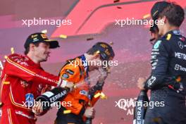 The podium (L to R): Charles Leclerc (MON) Ferrari, second; Oscar Piastri (AUS) McLaren, race winner; George Russell (GBR) Mercedes AMG F1, third. 15.09.2024. Formula 1 World Championship, Rd 17, Azerbaijan Grand Prix, Baku Street Circuit, Azerbaijan, Race Day.