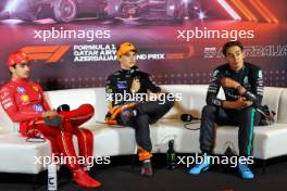 (L to R): Charles Leclerc (MON) Ferrari; Oscar Piastri (AUS) McLaren; and George Russell (GBR) Mercedes AMG F1 in the post race FIA Press Conference. 15.09.2024. Formula 1 World Championship, Rd 17, Azerbaijan Grand Prix, Baku Street Circuit, Azerbaijan, Race Day.