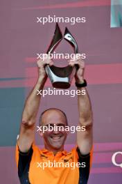 Tom Stallard (GBR) McLaren Race Engineer celebrates on the podium. 15.09.2024. Formula 1 World Championship, Rd 17, Azerbaijan Grand Prix, Baku Street Circuit, Azerbaijan, Race Day.