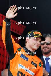 Race winner Oscar Piastri (AUS) McLaren celebrates on the podium. 15.09.2024. Formula 1 World Championship, Rd 17, Azerbaijan Grand Prix, Baku Street Circuit, Azerbaijan, Race Day.