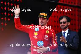 Charles Leclerc (MON) Ferrari celebrates his second position on the podium. 15.09.2024. Formula 1 World Championship, Rd 17, Azerbaijan Grand Prix, Baku Street Circuit, Azerbaijan, Race Day.