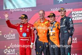 The podium (L to R): Charles Leclerc (MON) Ferrari, second; Tom Stallard (GBR) McLaren Race Engineer; Oscar Piastri (AUS) McLaren, race winner; George Russell (GBR) Mercedes AMG F1, third. 15.09.2024. Formula 1 World Championship, Rd 17, Azerbaijan Grand Prix, Baku Street Circuit, Azerbaijan, Race Day.