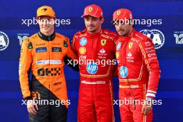 Qualifying top three in parc ferme (L to R): Oscar Piastri (AUS) McLaren, second; Charles Leclerc (MON) Ferrari, pole position; Carlos Sainz Jr (ESP) Ferrari, third. 14.09.2024. Formula 1 World Championship, Rd 17, Azerbaijan Grand Prix, Baku Street Circuit, Azerbaijan, Qualifying Day.