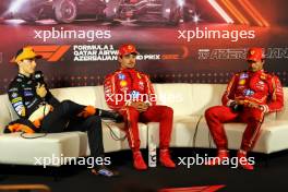 (L to R): Oscar Piastri (AUS) McLaren; Charles Leclerc (MON) Ferrari; and Carlos Sainz Jr (ESP) Ferrari, in the FIA Press Conference. 14.09.2024. Formula 1 World Championship, Rd 17, Azerbaijan Grand Prix, Baku Street Circuit, Azerbaijan, Qualifying Day.