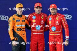 Qualifying top three in parc ferme (L to R): Oscar Piastri (AUS) McLaren, second; Charles Leclerc (MON) Ferrari, pole position; Carlos Sainz Jr (ESP) Ferrari, third. 14.09.2024. Formula 1 World Championship, Rd 17, Azerbaijan Grand Prix, Baku Street Circuit, Azerbaijan, Qualifying Day.