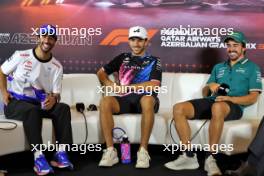 (L to R): Daniel Ricciardo (AUS) RB; Pierre Gasly (FRA) Alpine F1 Team; and Fernando Alonso (ESP) Aston Martin F1 Team, in the FIA Press Conference. 12.09.2024. Formula 1 World Championship, Rd 17, Azerbaijan Grand Prix, Baku Street Circuit, Azerbaijan, Preparation Day.