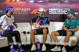 (L to R): Daniel Ricciardo (AUS) RB; Pierre Gasly (FRA) Alpine F1 Team; and Fernando Alonso (ESP) Aston Martin F1 Team, in the FIA Press Conference. 12.09.2024. Formula 1 World Championship, Rd 17, Azerbaijan Grand Prix, Baku Street Circuit, Azerbaijan, Preparation Day.