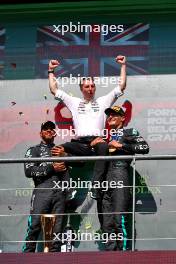 The podium (L to R): Lewis Hamilton (GBR) Mercedes AMG F1, second; Joey McMillan (GBR) Mercedes AMG F1 Lead Race Strategist; George Russell (GBR) Mercedes AMG F1, race winner. 28.07.2024. Formula 1 World Championship, Rd 14, Belgian Grand Prix, Spa Francorchamps, Belgium, Race Day.