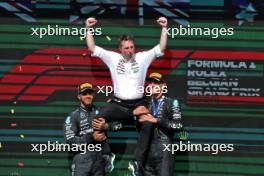 The podium (L to R): Lewis Hamilton (GBR) Mercedes AMG F1, second; Joey McMillan (GBR) Mercedes AMG F1 Lead Race Strategist; George Russell (GBR) Mercedes AMG F1, race winner. 28.07.2024. Formula 1 World Championship, Rd 14, Belgian Grand Prix, Spa Francorchamps, Belgium, Race Day.