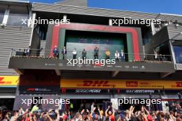 The podium (L to R): Joey McMillan (GBR) Mercedes AMG F1 Lead Race Strategist; Lewis Hamilton (GBR) Mercedes AMG F1, second; George Russell (GBR) Mercedes AMG F1, race winner; Oscar Piastri (AUS) McLaren, third. 28.07.2024. Formula 1 World Championship, Rd 14, Belgian Grand Prix, Spa Francorchamps, Belgium, Race Day.