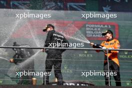 The podium (L to R): Lewis Hamilton (GBR) Mercedes AMG F1, second; George Russell (GBR) Mercedes AMG F1, race winner; Oscar Piastri (AUS) McLaren, third. 28.07.2024. Formula 1 World Championship, Rd 14, Belgian Grand Prix, Spa Francorchamps, Belgium, Race Day.