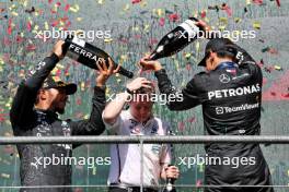 The podium (L to R): Joey McMillan (GBR) Mercedes AMG F1 Lead Race Strategist; Lewis Hamilton (GBR) Mercedes AMG F1, second; George Russell (GBR) Mercedes AMG F1, race winner. 28.07.2024. Formula 1 World Championship, Rd 14, Belgian Grand Prix, Spa Francorchamps, Belgium, Race Day.