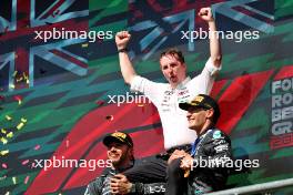 The podium (L to R): Lewis Hamilton (GBR) Mercedes AMG F1, second; Joey McMillan (GBR) Mercedes AMG F1 Lead Race Strategist; George Russell (GBR) Mercedes AMG F1, race winner. 28.07.2024. Formula 1 World Championship, Rd 14, Belgian Grand Prix, Spa Francorchamps, Belgium, Race Day.