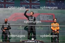 The podium (L to R): Lewis Hamilton (GBR) Mercedes AMG F1, second; George Russell (GBR) Mercedes AMG F1, race winner; Oscar Piastri (AUS) McLaren, third. 28.07.2024. Formula 1 World Championship, Rd 14, Belgian Grand Prix, Spa Francorchamps, Belgium, Race Day.