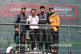 The podium (L to R): Lewis Hamilton (GBR) Mercedes AMG F1, second; Joey McMillan (GBR) Mercedes AMG F1 Lead Race Strategist; George Russell (GBR) Mercedes AMG F1, race winner; Oscar Piastri (AUS) McLaren, third. 28.07.2024. Formula 1 World Championship, Rd 14, Belgian Grand Prix, Spa Francorchamps, Belgium, Race Day.