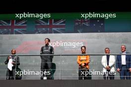 The podium (L to R): Lewis Hamilton (GBR) Mercedes AMG F1, second; George Russell (GBR) Mercedes AMG F1, race winner; Oscar Piastri (AUS) McLaren, third. 28.07.2024. Formula 1 World Championship, Rd 14, Belgian Grand Prix, Spa Francorchamps, Belgium, Race Day.