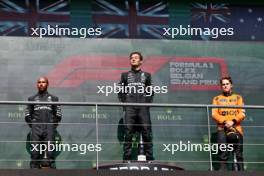 The podium (L to R): Lewis Hamilton (GBR) Mercedes AMG F1, second; George Russell (GBR) Mercedes AMG F1, race winner; Oscar Piastri (AUS) McLaren, third. 28.07.2024. Formula 1 World Championship, Rd 14, Belgian Grand Prix, Spa Francorchamps, Belgium, Race Day.