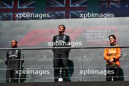 The podium (L to R): Lewis Hamilton (GBR) Mercedes AMG F1, second; George Russell (GBR) Mercedes AMG F1, race winner; Oscar Piastri (AUS) McLaren, third. 28.07.2024. Formula 1 World Championship, Rd 14, Belgian Grand Prix, Spa Francorchamps, Belgium, Race Day.