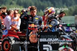 (L to R): Max Verstappen (NLD) Red Bull Racing and Sergio Perez (MEX) Red Bull Racing in parc ferme. 28.07.2024. Formula 1 World Championship, Rd 14, Belgian Grand Prix, Spa Francorchamps, Belgium, Race Day.