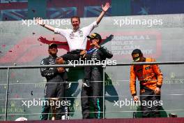 The podium (L to R): Lewis Hamilton (GBR) Mercedes AMG F1, second; Joey McMillan (GBR) Mercedes AMG F1 Lead Race Strategist; George Russell (GBR) Mercedes AMG F1, race winner; Oscar Piastri (AUS) McLaren, third. 28.07.2024. Formula 1 World Championship, Rd 14, Belgian Grand Prix, Spa Francorchamps, Belgium, Race Day.