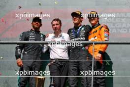 The podium (L to R): Lewis Hamilton (GBR) Mercedes AMG F1, second; Joey McMillan (GBR) Mercedes AMG F1 Lead Race Strategist; George Russell (GBR) Mercedes AMG F1, race winner; Oscar Piastri (AUS) McLaren, third. 28.07.2024. Formula 1 World Championship, Rd 14, Belgian Grand Prix, Spa Francorchamps, Belgium, Race Day.