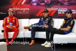 (L to R): Charles Leclerc (MON) Ferrari; Max Verstappen (NLD) Red Bull Racing; and Sergio Perez (MEX) Red Bull Racing, in the post qualifying FIA Press Conference. 27.07.2024. Formula 1 World Championship, Rd 14, Belgian Grand Prix, Spa Francorchamps, Belgium, Qualifying Day.