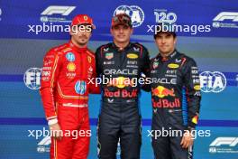 Qualifying top three in parc ferme (L to R): Charles Leclerc (MON) Ferrari, second; Max Verstappen (NLD) Red Bull Racing, pole position; Sergio Perez (MEX) Red Bull Racing, third. 27.07.2024. Formula 1 World Championship, Rd 14, Belgian Grand Prix, Spa Francorchamps, Belgium, Qualifying Day.