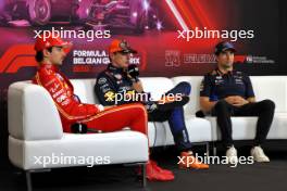 (L to R): Charles Leclerc (MON) Ferrari; Max Verstappen (NLD) Red Bull Racing; and Sergio Perez (MEX) Red Bull Racing, in the post qualifying FIA Press Conference. 27.07.2024. Formula 1 World Championship, Rd 14, Belgian Grand Prix, Spa Francorchamps, Belgium, Qualifying Day.