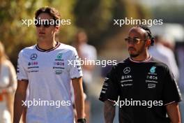 (L to R): George Russell (GBR) Mercedes AMG F1 with team mate Lewis Hamilton (GBR) Mercedes AMG F1. 01.03.2024. Formula 1 World Championship, Rd 1, Bahrain Grand Prix, Sakhir, Bahrain, Qualifying Day.
