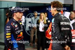 (L to R): pole sitter Max Verstappen (NLD) Red Bull Racing with Charles Leclerc (MON) Ferrari and George Russell (GBR) Mercedes AMG F1 in qualifying parc ferme. 01.03.2024. Formula 1 World Championship, Rd 1, Bahrain Grand Prix, Sakhir, Bahrain, Qualifying Day.