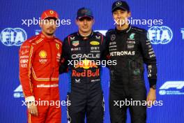 Qualifying top three in parc ferme (L to R): Charles Leclerc (MON) Ferrari, second; Max Verstappen (NLD) Red Bull Racing, pole position; George Russell (GBR) Mercedes AMG F1, third. 01.03.2024. Formula 1 World Championship, Rd 1, Bahrain Grand Prix, Sakhir, Bahrain, Qualifying Day.