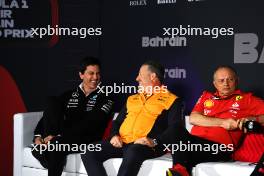 (L to R): Toto Wolff (GER) Mercedes AMG F1 Shareholder and Executive Director; Zak Brown (USA) McLaren Executive Director; and Frederic Vasseur (FRA) Ferrari Team Principal, in the FIA Press Conference. 29.02.2024. Formula 1 World Championship, Rd 1, Bahrain Grand Prix, Sakhir, Bahrain, Practice Day