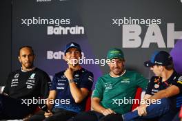 (L to R): Lewis Hamilton (GBR) Mercedes AMG F1; Alexander Albon (THA) Williams Racing; Fernando Alonso (ESP) Aston Martin F1 Team; and Max Verstappen (NLD) Red Bull Racing, in the FIA Press Conference. 28.02.2024. Formula 1 World Championship, Rd 1, Bahrain Grand Prix, Sakhir, Bahrain, Preparation Day.