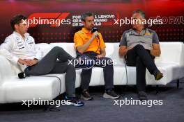 (L to R): James Vowles (GBR) Williams Racing Team Principal; Andrea Stella (ITA) McLaren Team Principal; and Mario Isola (ITA) Pirelli Racing Manager in the FIA Press Conference. 01.11.2024. Formula 1 World Championship, Rd 21, Brazilian Grand Prix, Sao Paulo, Brazil, Sprint Qualifying Day.