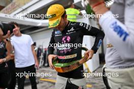 Pierre Gasly (FRA) Alpine F1 Team celebrates his third position with the team. 03.11.2024. Formula 1 World Championship, Rd 21, Brazilian Grand Prix, Sao Paulo, Brazil, Race Day.