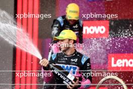 Pierre Gasly (FRA) Alpine F1 Team celebrates his third position on the podium. 03.11.2024. Formula 1 World Championship, Rd 21, Brazilian Grand Prix, Sao Paulo, Brazil, Race Day.